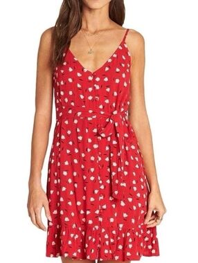 Billabong Sun Dress Red Women's Medium Rayon Button Front Tie Waist Summer